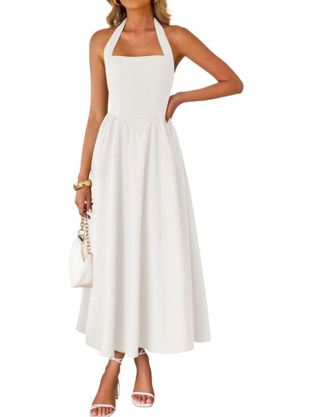 Women's Summer Sleeveless Halter Ivory Midi Dress Off Shoulder Flowy Long Dress